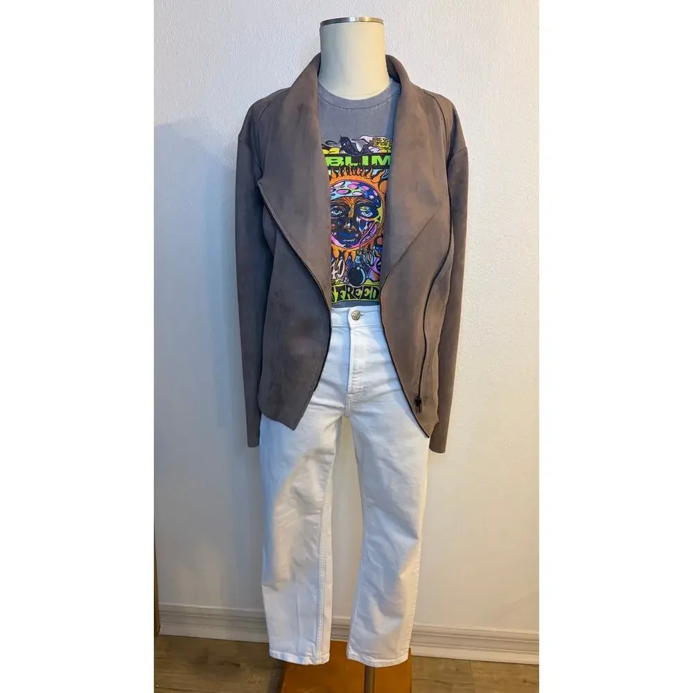 KUT From The Kloth Faux Suede Moto Jacket Taupe Zip Front Womens - Picture 2 of 3